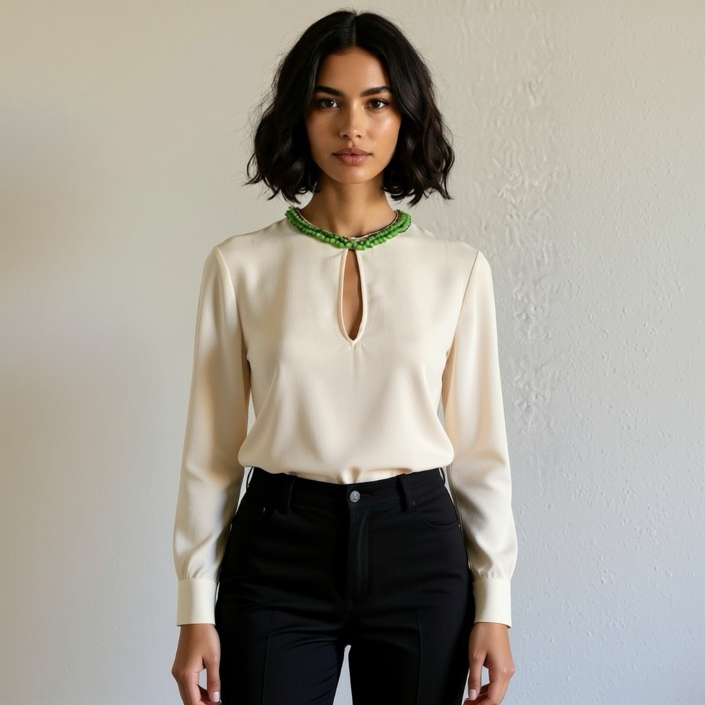 Gucci Ivory Embellished Neckline Silk Blouse